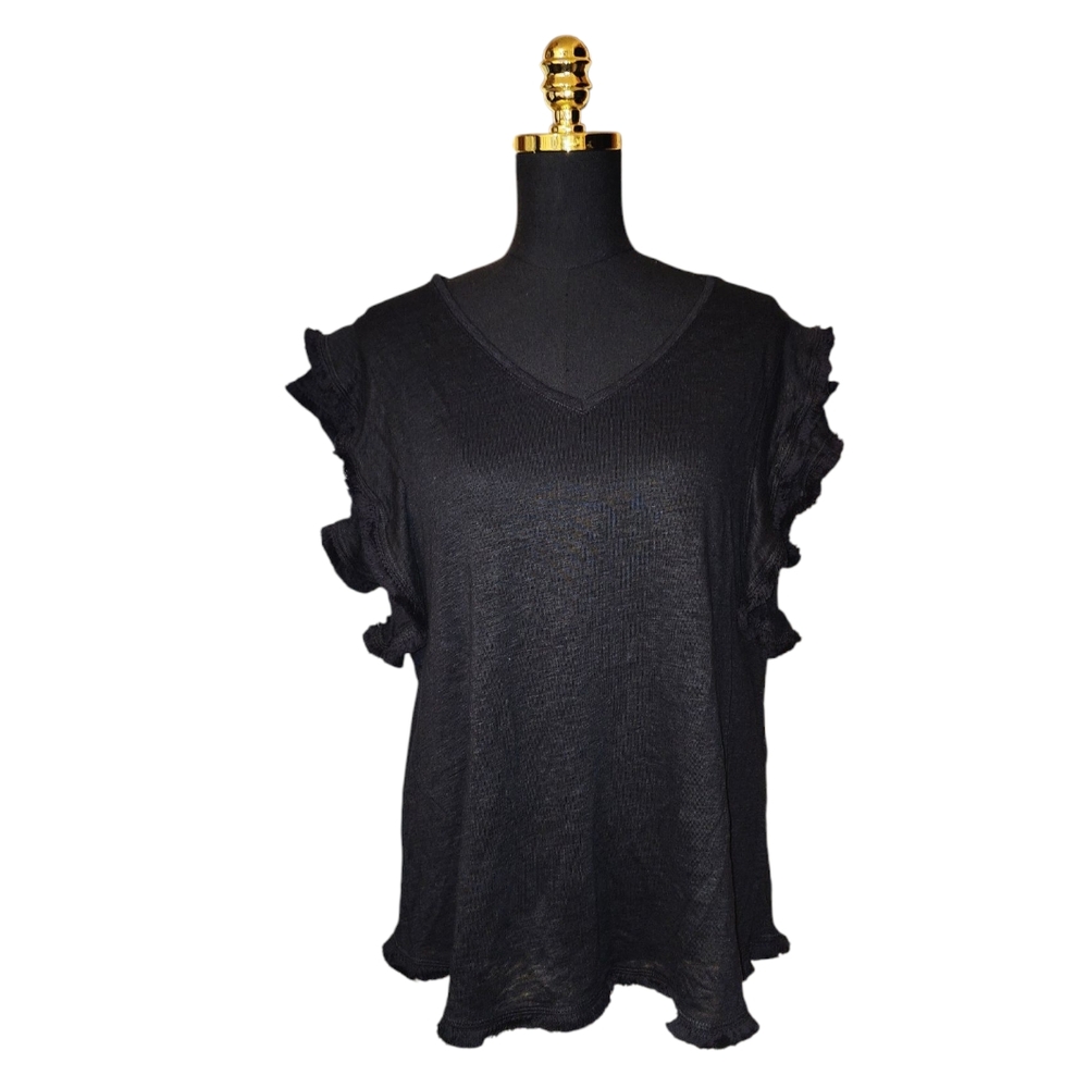 2/30 Chico's Black Ruffle Sleeve 100% Linen Women's Top